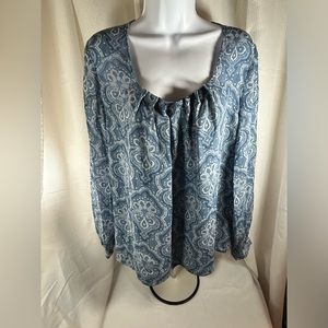 Michael Kors, sheer long sleeve blouse, pleaded neckline blue Paisley